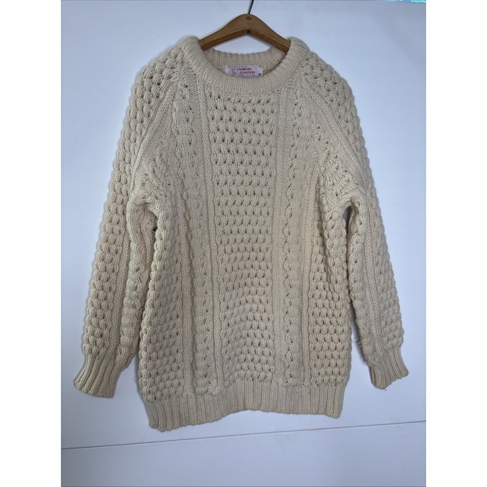 Vtg Standun Ireland Hand Cable Knit Wool Sweater 44 L Fisherman Cardigan Ivory